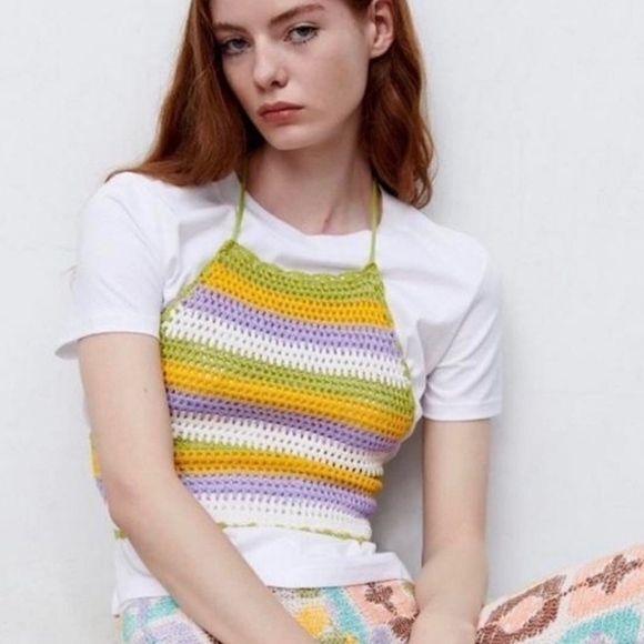 Zara Tops - Zara Crochet Striped Cropped Halter Top Women's Small Girlhoodcore Multicolor